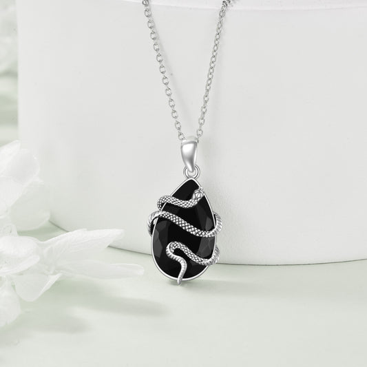 Silver Black Obsidian Snake Necklace