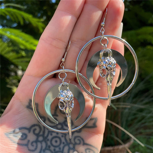 Crescent Moon Raven Skull Earrings