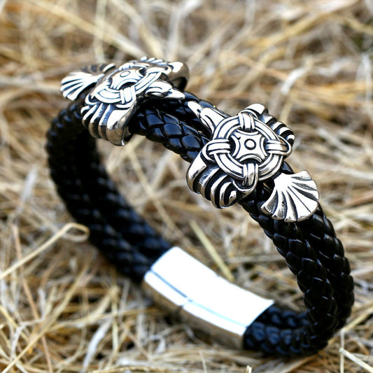 Viking Crow Stainless Steel Leather Bracelet