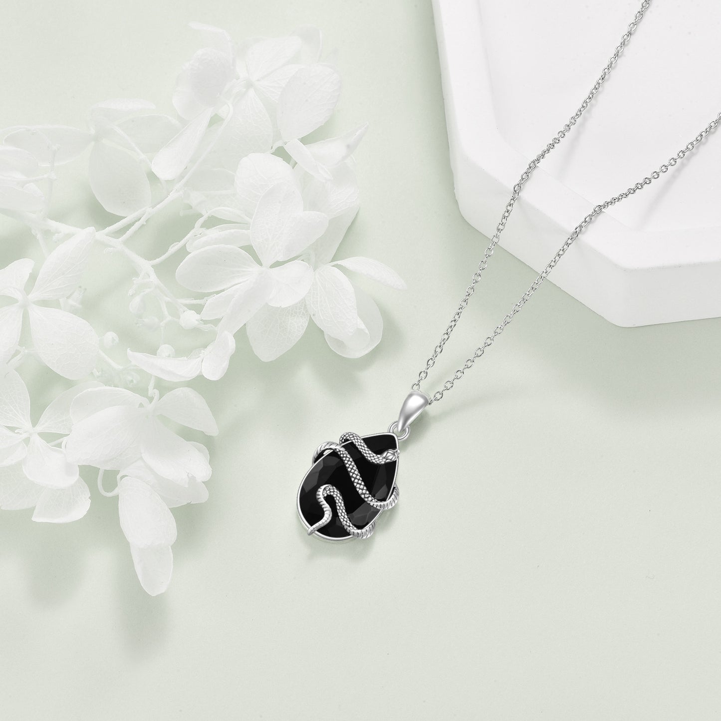 Silver Black Obsidian Snake Necklace