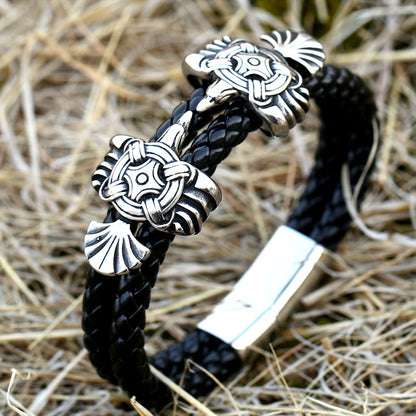 Viking Crow Stainless Steel Leather Bracelet