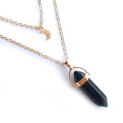 Moon Charm &  Hexagonal Crystal Pendant - Gold Chain