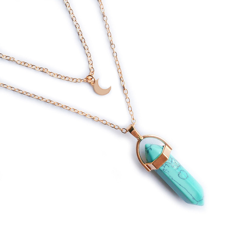 Moon Charm &  Hexagonal Crystal Pendant - Gold Chain