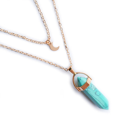 Moon Charm &  Hexagonal Crystal Pendant - Gold Chain