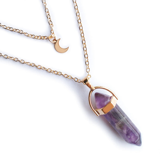 Moon Charm &  Hexagonal Crystal Pendant - Gold Chain