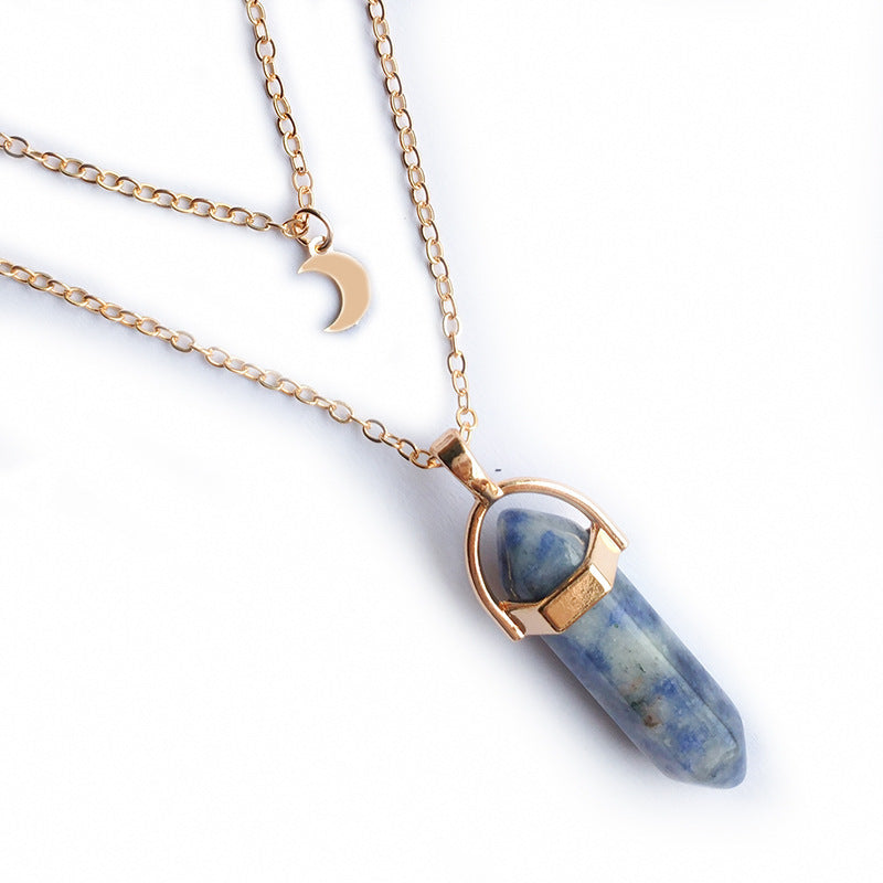Moon Charm &  Hexagonal Crystal Pendant - Gold Chain
