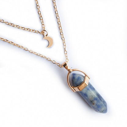 Moon Charm &  Hexagonal Crystal Pendant - Gold Chain