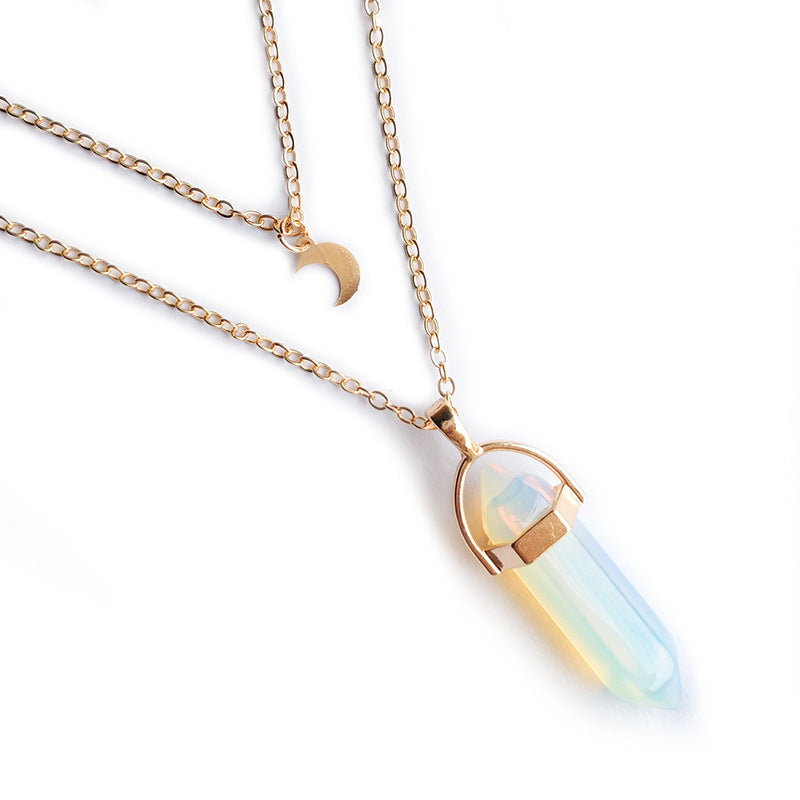 Moon Charm &  Hexagonal Crystal Pendant - Gold Chain