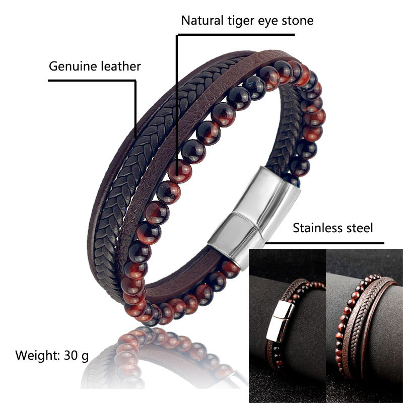 Leather & Tigers Eye Braided Bracelet Set