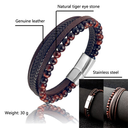 Leather & Tigers Eye Braided Bracelet Set
