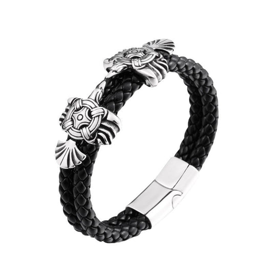 Viking Crow Stainless Steel Leather Bracelet