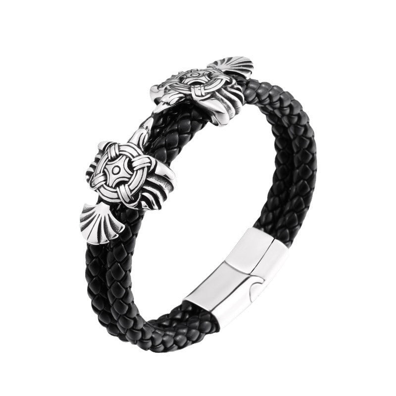 Viking Crow Stainless Steel Leather Bracelet