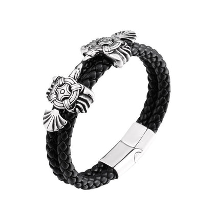 Viking Crow Stainless Steel Leather Bracelet