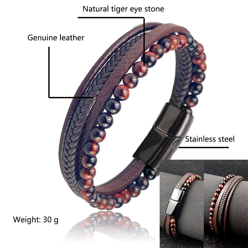Leather & Tigers Eye Braided Bracelet Set