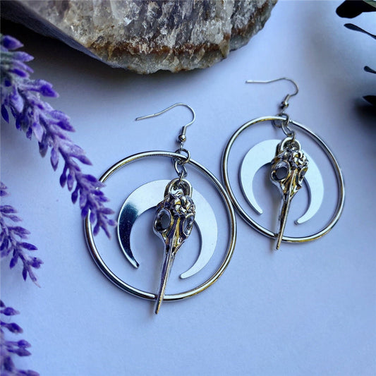 Crescent Moon Raven Skull Earrings
