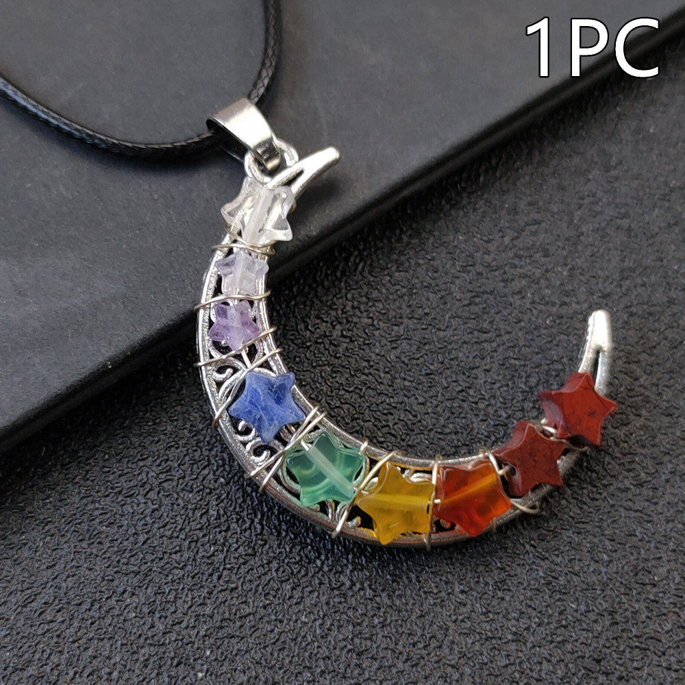 Crystal Crescent Moon Chakras Necklace