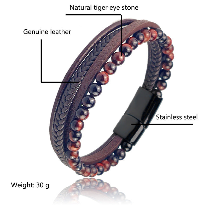 Leather & Tigers Eye Braided Bracelet Set