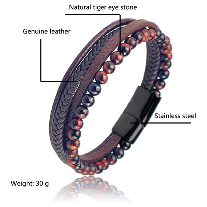 Leather & Tigers Eye Braided Bracelet Set