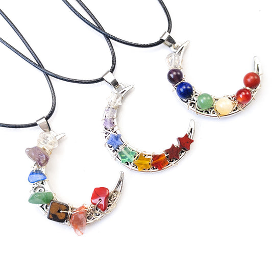 Crystal Crescent Moon Chakras Necklace