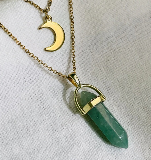 Moon Charm &  Hexagonal Crystal Pendant - Gold Chain