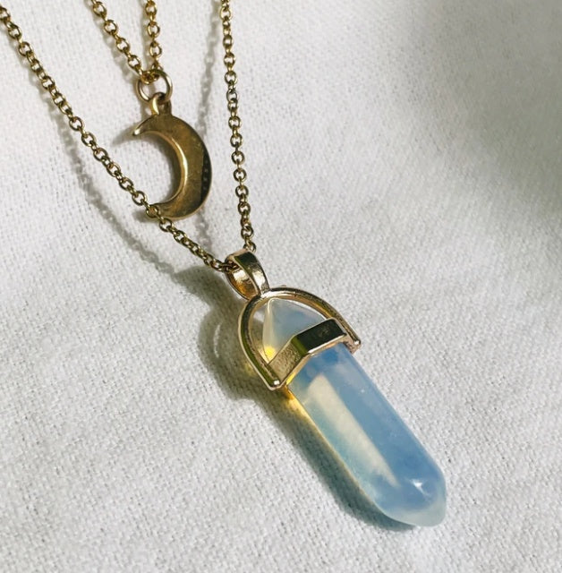 Moon Charm &  Hexagonal Crystal Pendant - Gold Chain