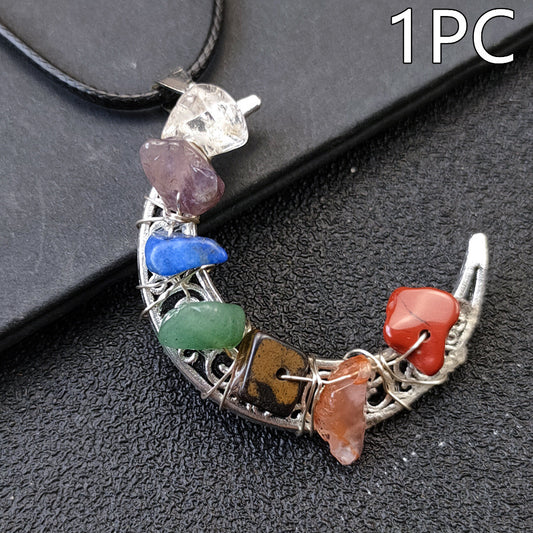 Crystal Crescent Moon Chakras Necklace