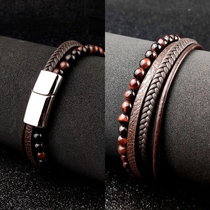 Leather & Tigers Eye Braided Bracelet Set