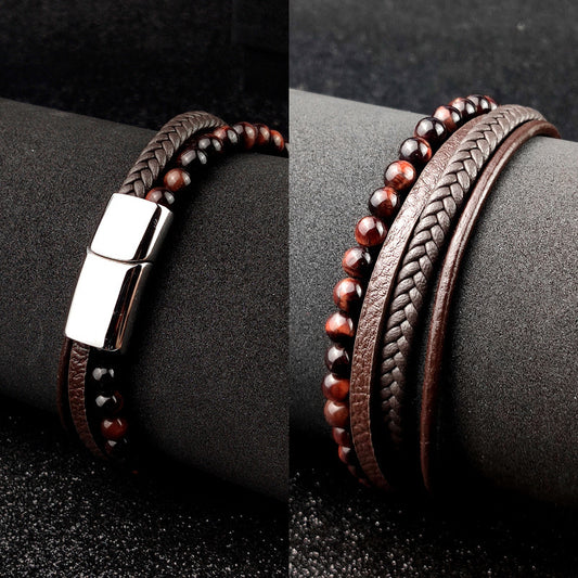 Leather & Tigers Eye Braided Bracelet Set