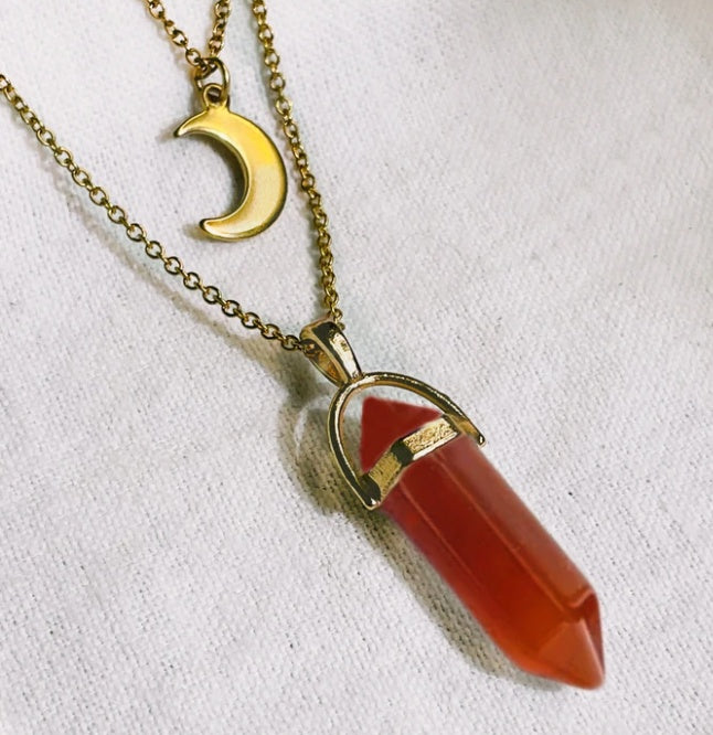 Moon Charm &  Hexagonal Crystal Pendant - Gold Chain