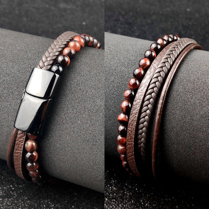 Leather & Tigers Eye Braided Bracelet Set