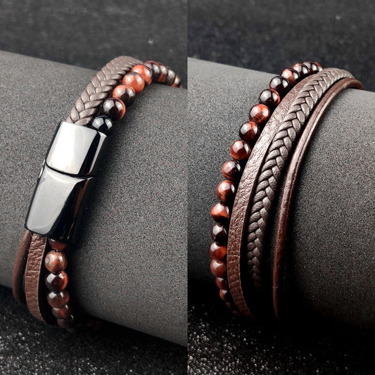 Leather & Tigers Eye Braided Bracelet Set