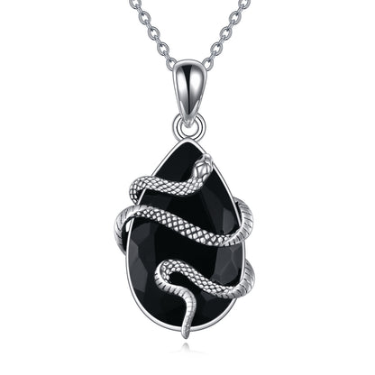 Silver Black Obsidian Snake Necklace