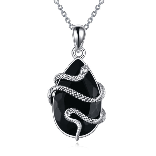 Silver Black Obsidian Snake Necklace