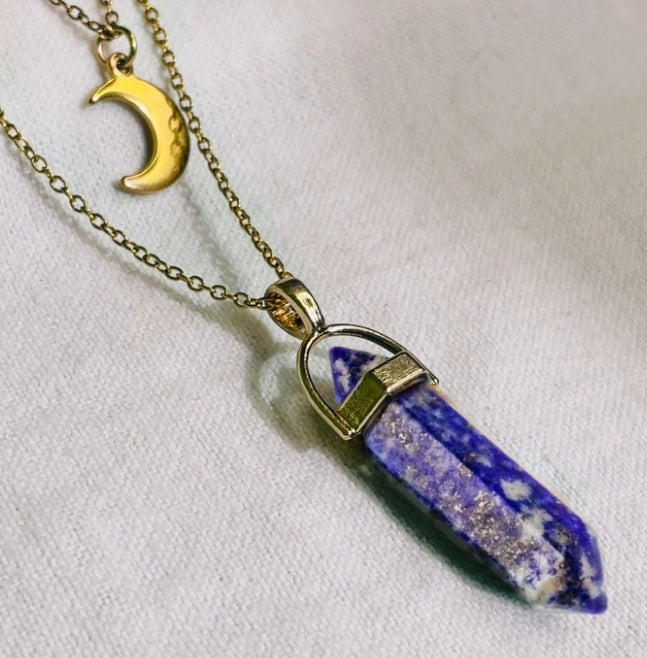 Moon Charm &  Hexagonal Crystal Pendant - Gold Chain