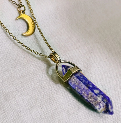 Moon Charm &  Hexagonal Crystal Pendant - Gold Chain