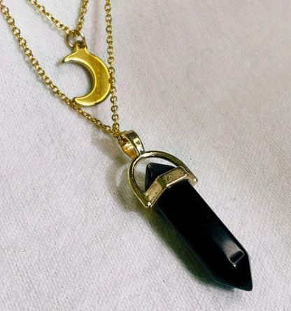 Moon Charm &  Hexagonal Crystal Pendant - Gold Chain