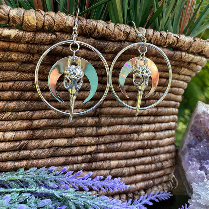 Crescent Moon Raven Skull Earrings